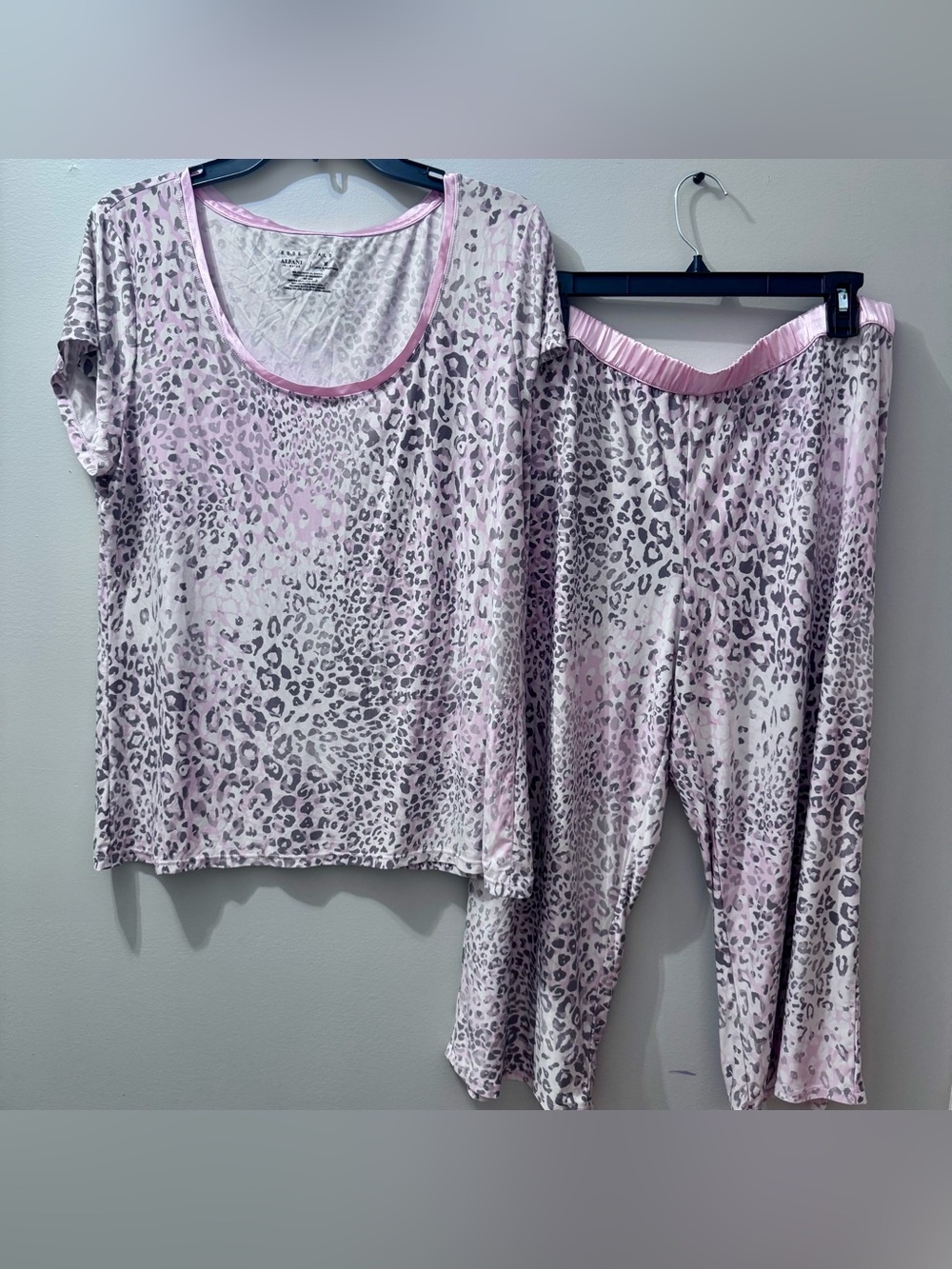 Alfani Intimates Women's Pink Leopard Satin-Trim Pajama Set, Size XL